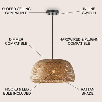 Mateo 18" Farmhouse Coastal Bamboo 180" Cord Plug-In or Hardwired LED Pendant - JONATHAN Y